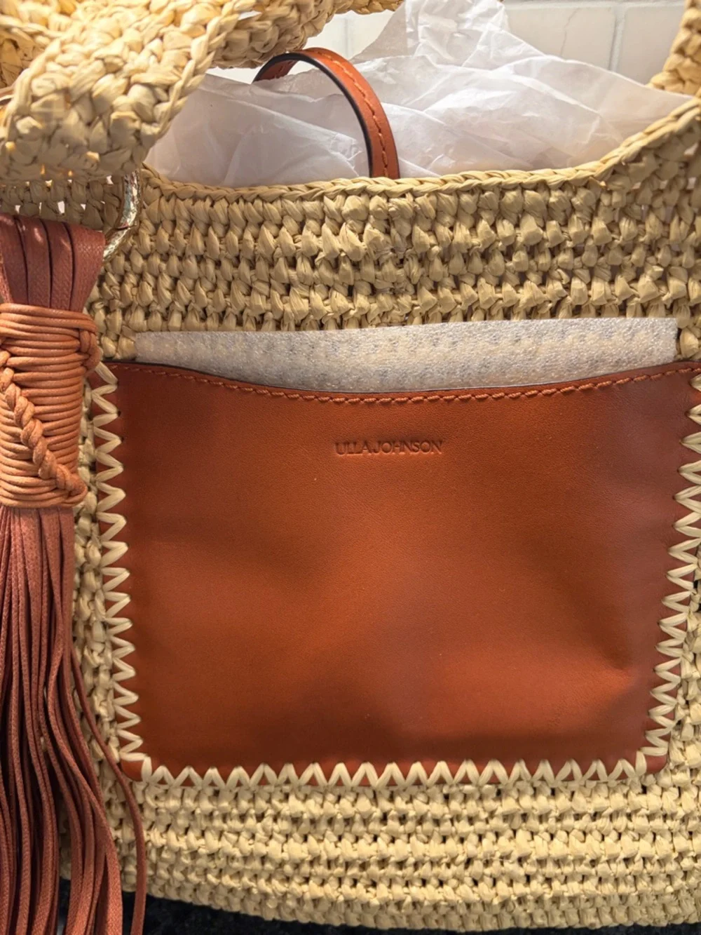 Ulla Johnson Woven Straw Tote with Brown Leather Pocket and Tassel - Picture 2 of 6